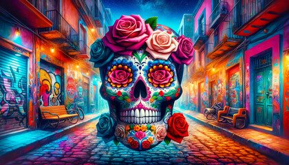Festive Sugar Skull in a Colourful Mexican Alley.
A festive sugar skull stands out in a vibrant alley decorated for a Mexican celebration. - obrazy, fototapety, plakaty