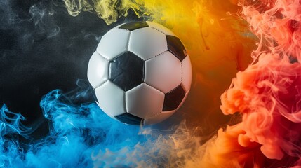 Soccer ball emerges with colorful smoke on black background, isolated sports concept