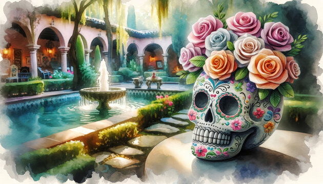Sugar Skull in Tranquil Mexican Garden
A beautifully decorated sugar skull in a tranquil garden setting, symbolising Mexican cultural tradition.