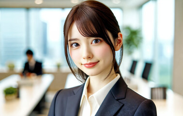 オフィスで働く若い日本人女性。画像生成AI。
