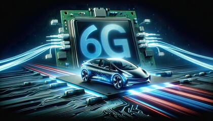 AI-infused 6G network powering an electric car, showcasing futuristic connectivity and high-speed data flow.