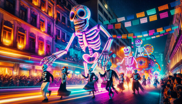 Vibrant Day of the Dead Celebration Parade.
A lively neon-lit parade with dancing skeletons celebrating Day of the Dead.