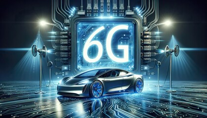 AI-optimized 6G technology in automotive innovation, with a sleek car on a circuit board, symbolizing speed and efficiency