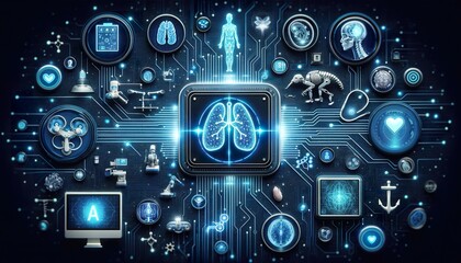AI at the forefront of medicine, showcasing neural networks in diagnostics, robotic assistance, and genome research