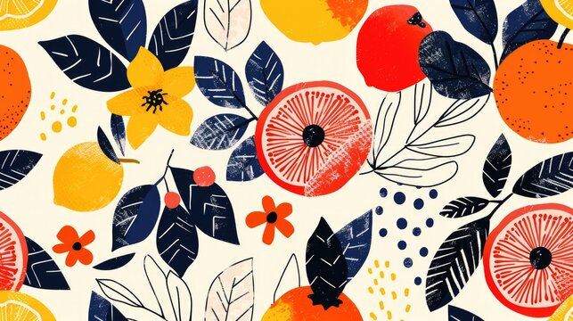 Hand drawn abstract cute fruits and flowers pattern. Collage playful contemporary print. Fashionable template for design