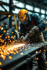 The worker grinding metal in manufacturing plant.  - obrazy, fototapety, plakaty
