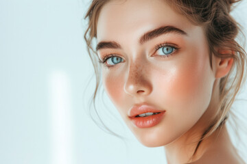 Naklejka premium Beauty. woman, has shiny glowing skin, clean nourished body and face, looks at camera, eyebrows sick with brow gel, white background.