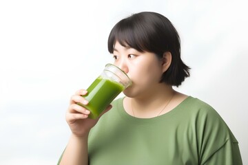 青汁を飲むぽっちゃり女性