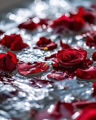 Beautiful red rose petals in water. Shallow depth of field. Valentine's Day