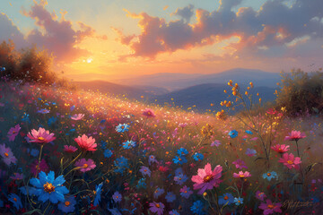 Fototapeta na wymiar A mesmerizing sunset over a field of blooming wildflowers, filled with vibrant colors. Created with generative AI.