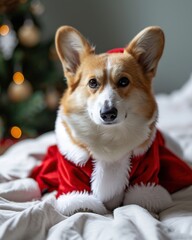 Cute corgi dog in Santa Claus costume on the background of the Christmas tree.