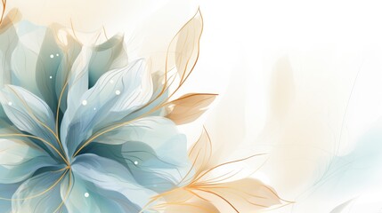 Fototapeta na wymiar Elegant background with blue flowers and golden lines. illustration. Generative AI