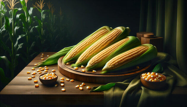 Eco-friendly corn harvest on wood, tailored for healthy food promotion and agriculture advertising in a natural, farm-fresh context