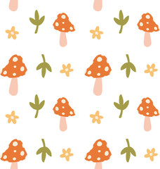 Seamless pattern yellow flower and mushrooms