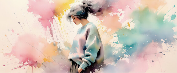 Side view of a long-haired woman wearing a large sweater with her eyes closed. A background of pastel colored paint splatters. Graphic illustration. - obrazy, fototapety, plakaty