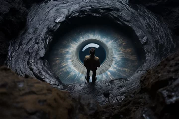 Fotobehang A man staring into a pit with a giant eyeball and pupil staring back © Lithographica