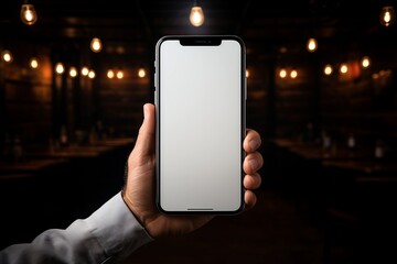 A mockup smartphone display featuring a blank screen is held in hand, showcased in a bar setting, presenting a versatile and customizable digital presentation.