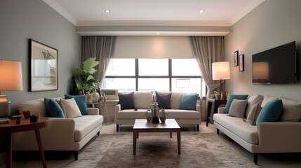 Naklejka na ściany i meble Interior of modern elegant living room with aesthetic color palette 