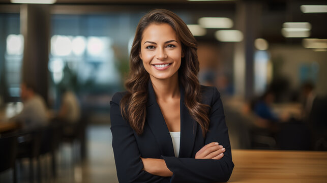 a businesswoman confidently smiling blur office background