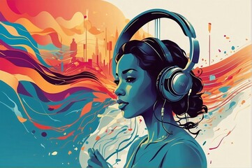 girl with headphones"Dynamic Soundwaves: Catalyst for Change"World Radio Day Concept