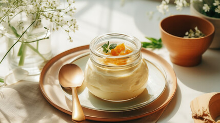 A light, creamy dessert in a jar garnished with fresh fruit.