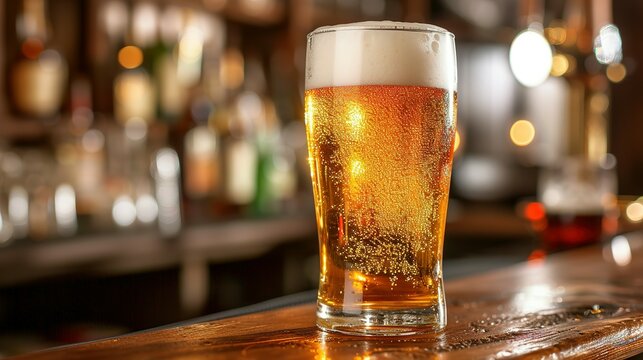 Glass of cold lager beer on bar counter