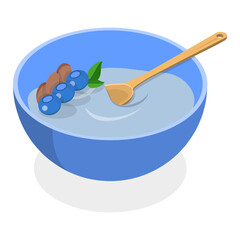 3D Isometric Flat Vector Illustration of Cereal Breakfast, Bowls with Porridge, Fruits, Yogurt and Berries. Item 2