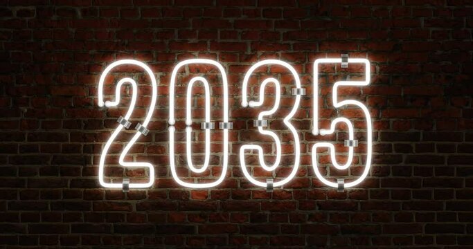 3D 2035 Happy New Year Neon Light Flickering Animation Shining Over a Brick Wall Background