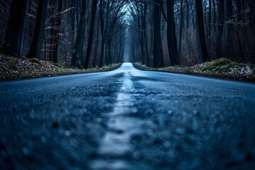 extraordinary photograph of an asphalt road stretching endlessly with leafless trees growing alongside it can evoke a sense of desolation, infinity, and melancholy - obrazy, fototapety, plakaty
