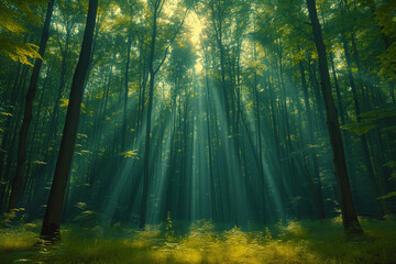 Des rais de lumières filtrent à travers la canopée, ambiance spirituelle et énigmatique dans une forêt