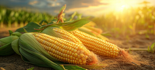 Agricultural bounty with fresh corn cobs,  embodying health food ideals with room for advertising copy. of agriculture and nutrition with copy space for advertisers. - obrazy, fototapety, plakaty