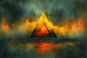 Paysage abstrait à base de triangles et de motifs ou couleurs rappelant le feu ou l'automne, deux pyramides au milieu des flammes - obrazy, fototapety, plakaty