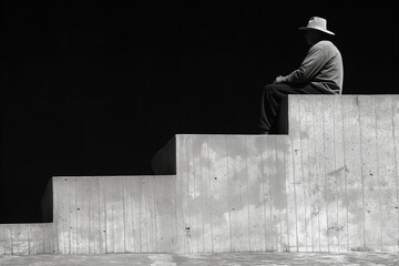Un vieil homme assis en haut d'un escalier, métaphore de la vieillesse et de la fin de vie 