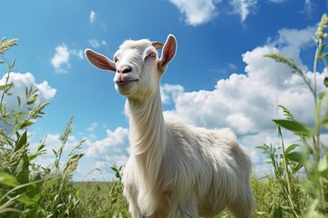 Goat grazing peacefully on a sunlit meadow in the tranquil ambiance of a summer day