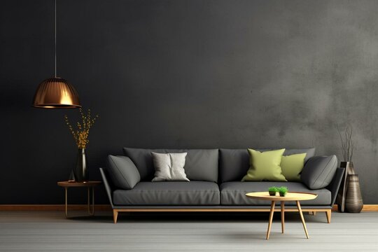 Chic living room with gray sofa, modern background, empty black wall, 3D illustration. Generative AI