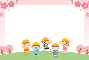 桜と小学生の子供たちのメッセージカードイラスト素材