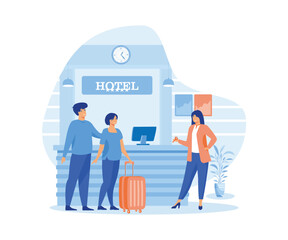 Hotel scene with couple checking in. Man and woman at reception with luggage, receptionist gives room key. flat vector modern illustration 