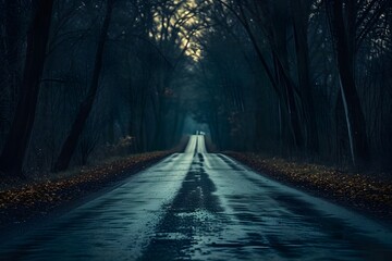 extraordinary photograph of an asphalt road stretching endlessly with leafless trees growing alongside it can evoke a sense of desolation, infinity, and melancholy