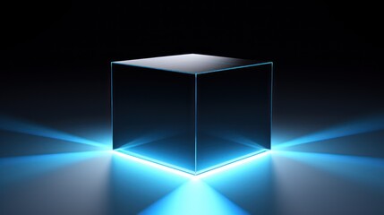 3d illustration of a blue glowing cube on a black background. Generative AI