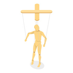 3D Isometric Flat Vector Set of Wooden Marionettes, Puppet on Ropes. Item 1