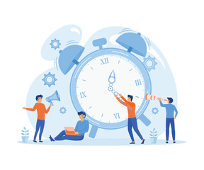 Alarm clock rings on white background, concept of work time management, quick reaction awakening.  flat vector modern illustration 