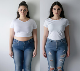 Before And After comparison of a woman after Weight Loss, Weight loss as a result of diet, liposuction, healthy lifestyle. fat and slim girl weight loss concept - obrazy, fototapety, plakaty