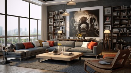 Creative composition of modern luxury living room with elegant color palette  