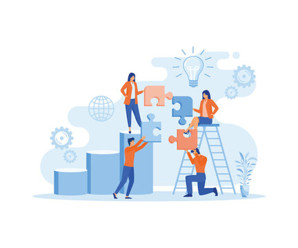 People with puzzle pieces. Team work, team building, corporate organization, partnership, problem solving, innovative business approach.  flat vector modern illustration 
