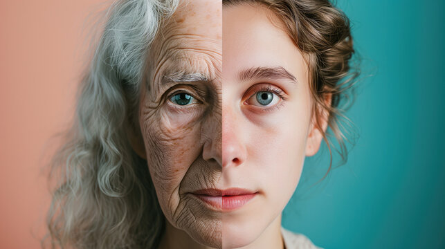 Portrait of a half old half young woman. Comparison, old and young female faces. skincare, wrinkles and anti aging, healthcare, healthy life concept