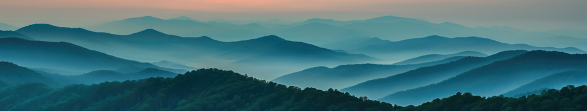 Sunset or sunrise panorama of smoky mountain ridges banner, landscape, scenery.