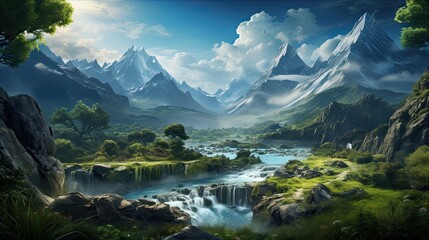 Naklejka na ściany i meble Beautiful natural landscape illustration, with lush vegetation and elegant waterfalls.