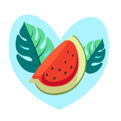 Watermelon slice and leaves in heart shape. Flat vector illustration.