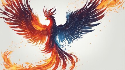 bird of paradise This is a digital art image of a red, orange, and blue phoenix bird with its wings spread wide in front of a white background with orange and blue splatters  - Powered by Adobe