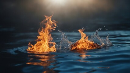 fire in the water  A surreal illustration of fire out of water, with a realistic effect and a deep blue color scheme 